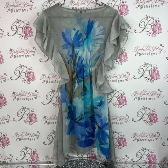 Strada fashion dress cinched flowy flowers smocked Gray and Blue High Low Dress - Picture 2 of 8